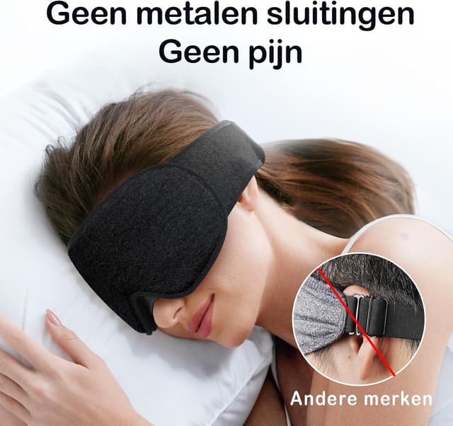 Detalle 2 de INNELO Schlafmaske für Seitenschläfer (3D lichtblockierend) mit Gehörschutz – ultraweich, mit Klettverschluss, Schwarz