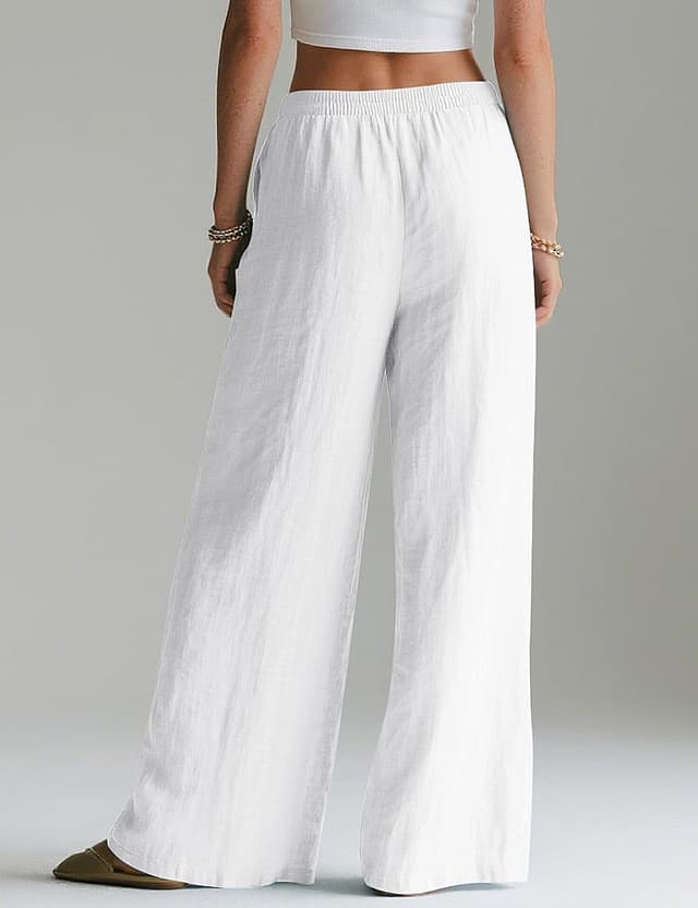 Detalle de Rapbin Linen Trousers for Women – Wide-Leg Summer Palazzo Pants with Elasticated Waist and Pockets