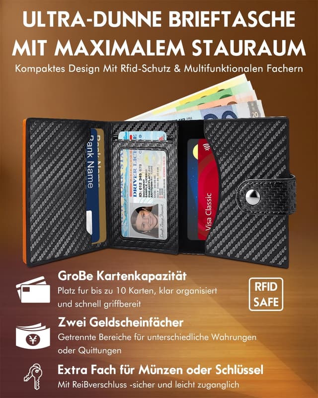 Detalle de Dinghao Herren-Geldbörse mit Münzfach & RFID-Schutz – Slim Wallet fürs Kartenetui