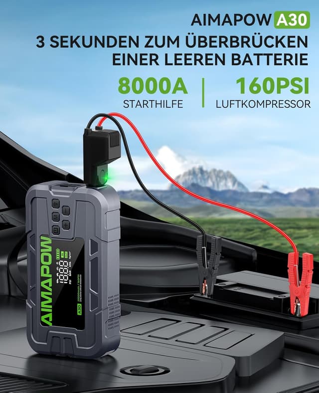 Detalle de AIMAPOW Starthilfe Powerbank 8000 A & 160 PSI mit Kompressor für Pkw