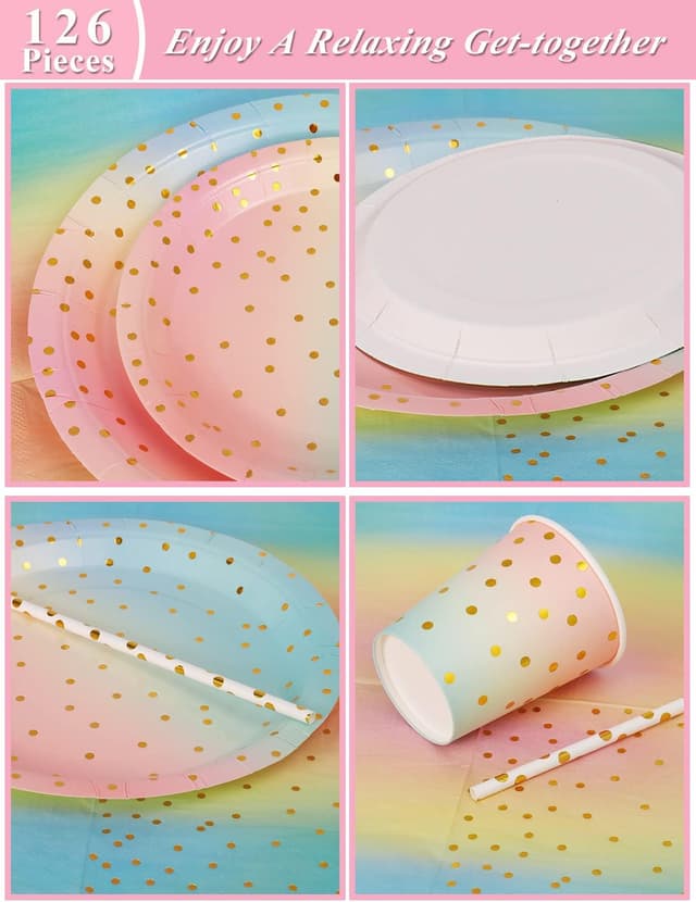 Detalle de Nkaiso 126-Piece Rainbow & Gold Party Tableware Set for 25 Guests