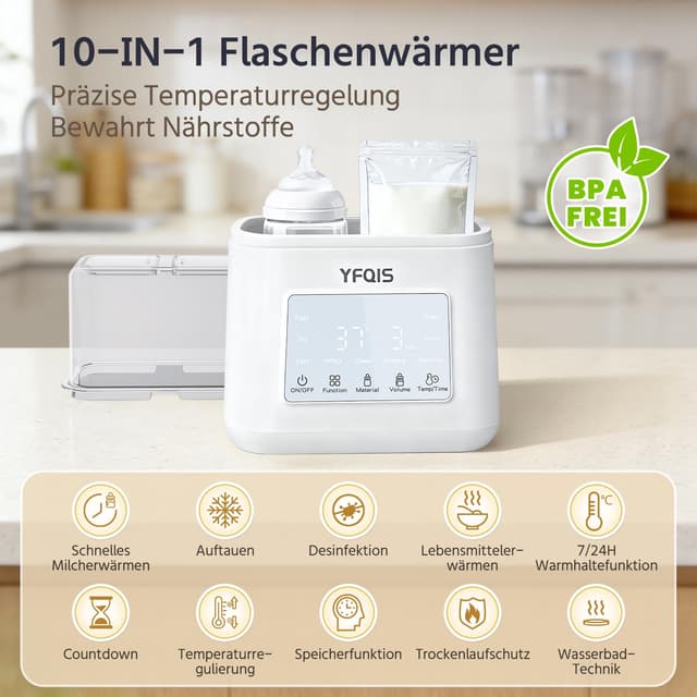 Detalle de YFQIS Flaschenwärmer für Muttermilch 10-in-1 mit Sterilisator, 7/24h Warmhaltefunktion und BPA-frei