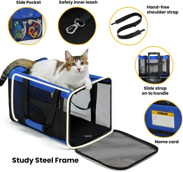 Detalle 1 de Conlun Cat Carrier Bag (Soft-Sided, 4-Sided Mesh) – Collapsible airline-approved pet carrier up to 6kg, Blue