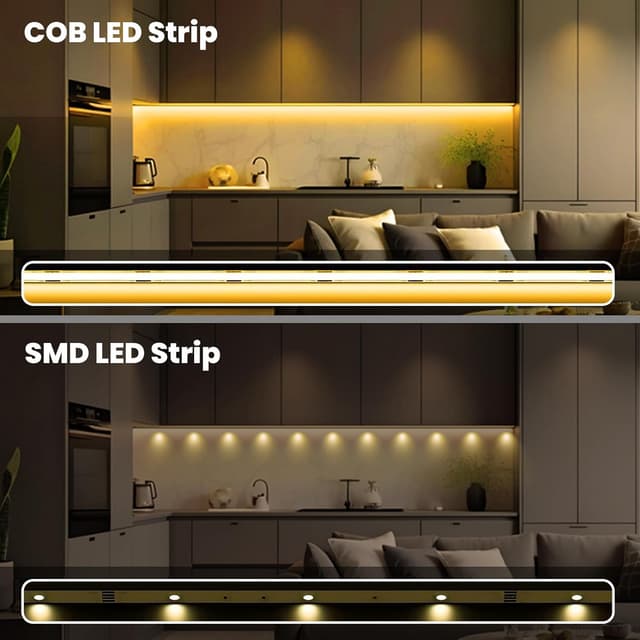 Detalle de ACELUO Smart App COB LED Streifen Warmweiß (dimmbar, Timer), 8 mm, 5 m – 3000K für Küche, Schlafzimmer & Wohnzimmer