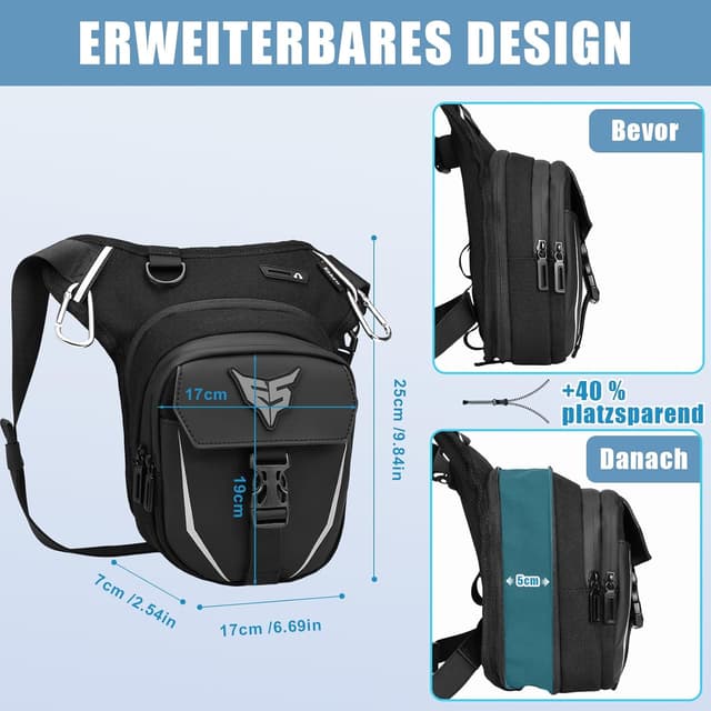 Detalle de Eshow Beintasche Motorrad – erweiterbare Oberschenkeltasche mit verstellbarem Beinriemen, 2 Karabinern und Reflexstreifen