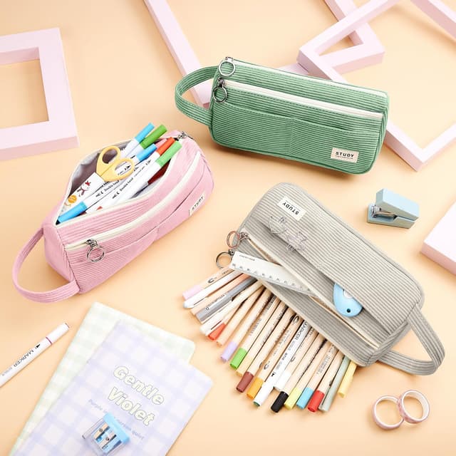 Detalle de KALIDI Cord-Stoff Federmäppchen mit Tragegriff – großes Mäppchen für Schule, Büro & Teenager