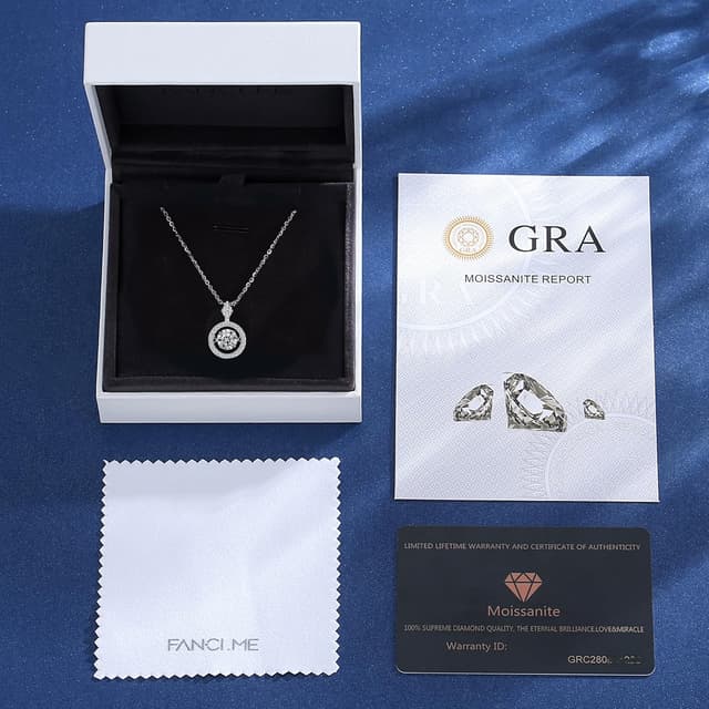 Detalle de FANCIME Moissanite Kette mit 1 Karat Moissanit-Halo-Anhänger (925 Sterling Silber) – Rund, 40+5 cm