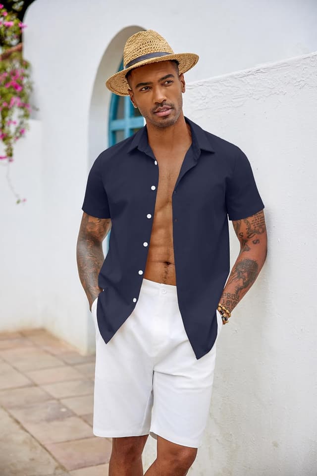 Detalle de COOFANDY chemise à manches courtes homme, coupe ajustée infroissable et extensible, style habillé-décontracté pour l’été