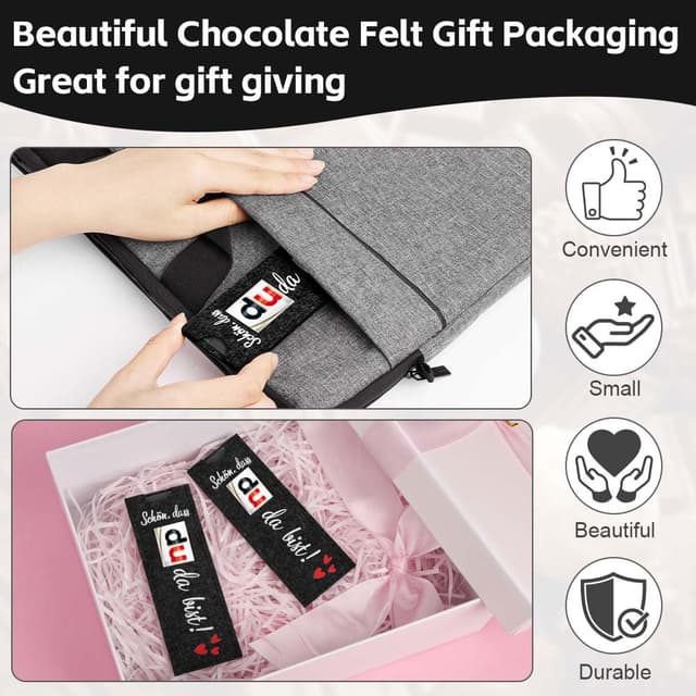 Detalle 2 de Adiwo 24 Stück Filz-Gastgeschenkbox „Schön dass du da bist“ als Hülle für Schokolade & kleine Mitbringsel (ohne Schokolade)