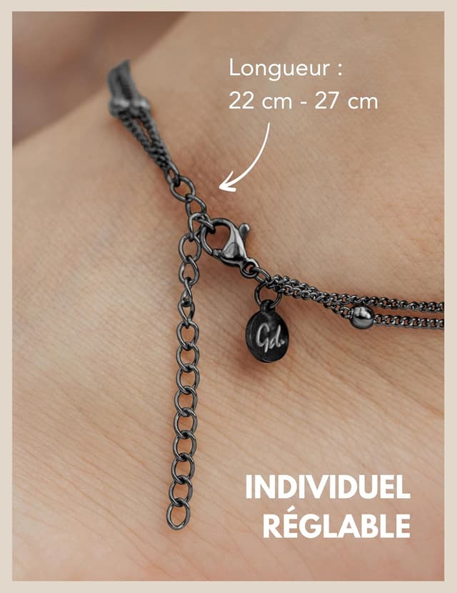 Detalle de Bracelet de cheville cœur pour femme (résistant à l’eau) en acier inoxydable, plusieurs rangs, réglable 22 à 27 cm