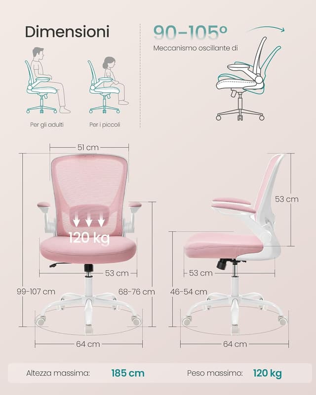Detalle de SONGMICS OBN037R01 sedia da ufficio girevole in rete con supporto lombare e braccioli pieghevoli, rosa pastello
