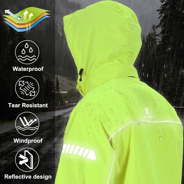 Detalle 2 de Burjosy Herren Regenanzug: wasserdichte Regenjacke & Regenhose mit Kapuze und Reflektoren