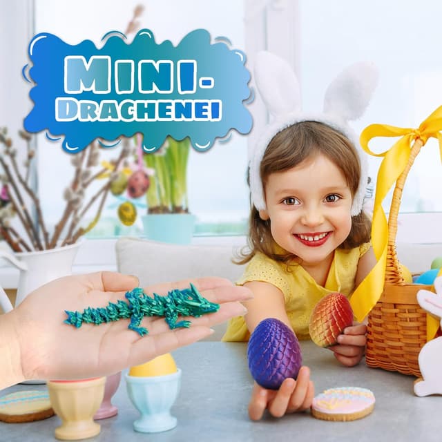 Detalle de Flavery 4er Set 3D-Drachenei mit beweglichem Kristall-Drache – Blau, Gold, Grün (mit Glühen)