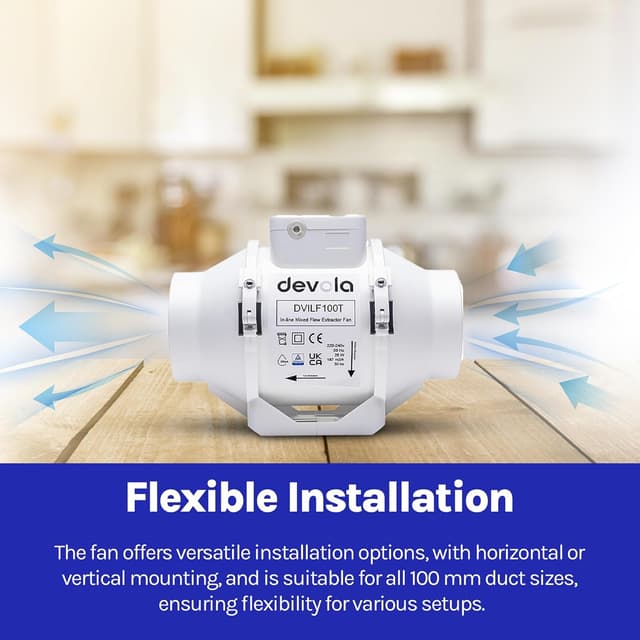 Detalle 2 de Devola DVILF100T 100mm Inline Mixed Flow Extractor Fan with Timer (4 inch) – made in Britain