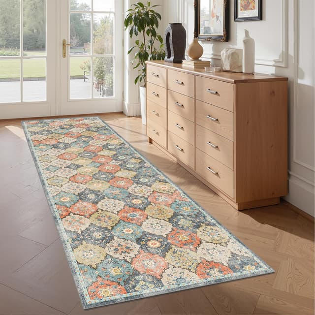 Detalle de WTHYGB Teppich Läufer für Flur & Küche (80x300 cm) – rutschfest, waschbar, Blumen/Boho