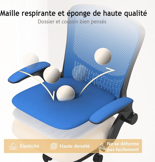 Detalle 2 de naspaluro Chaise de bureau ergonomique pivotante 360° avec accoudoirs rabattables et soutien lombaire, bleu noir