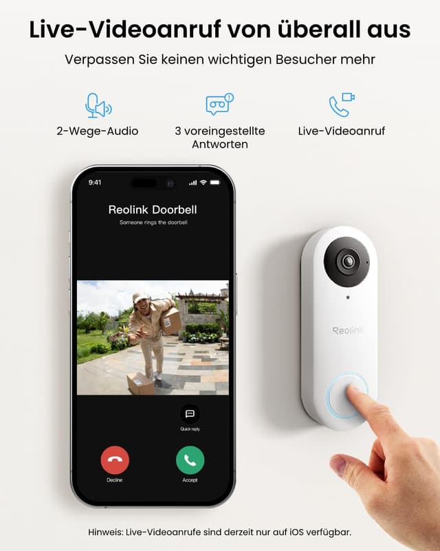 Detalle de Reolink 5MP Video-Türklingel Kamera mit Chime (WLAN 2,4/5 GHz, 3:4 Kopf-zu-Fuß, 180°) – Weiß