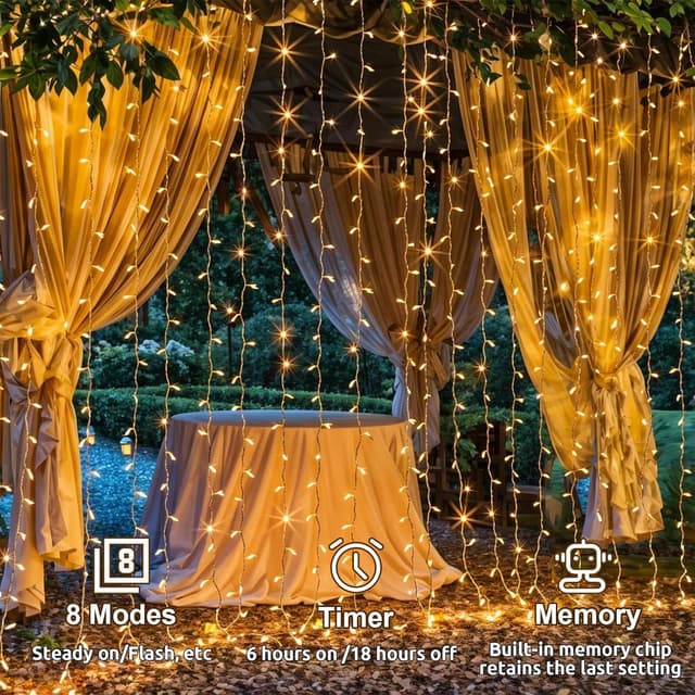Detalle 2 de Dekofun 2 pezzi tenda luminosa 6x3 m con 600 LED bianco caldo, timer e 8 modalità, IP65