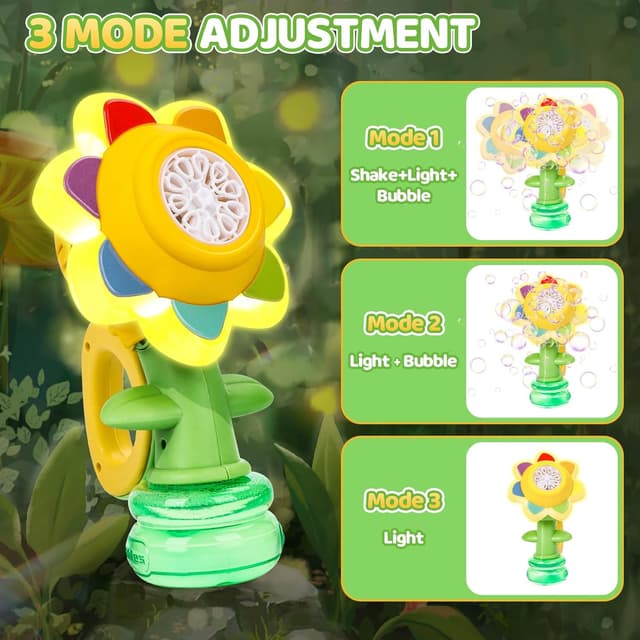 Detalle de Jovicos Seifenblasenmaschine für Kinder – wiederaufladende tanzende Sonnenblume mit LED-Licht