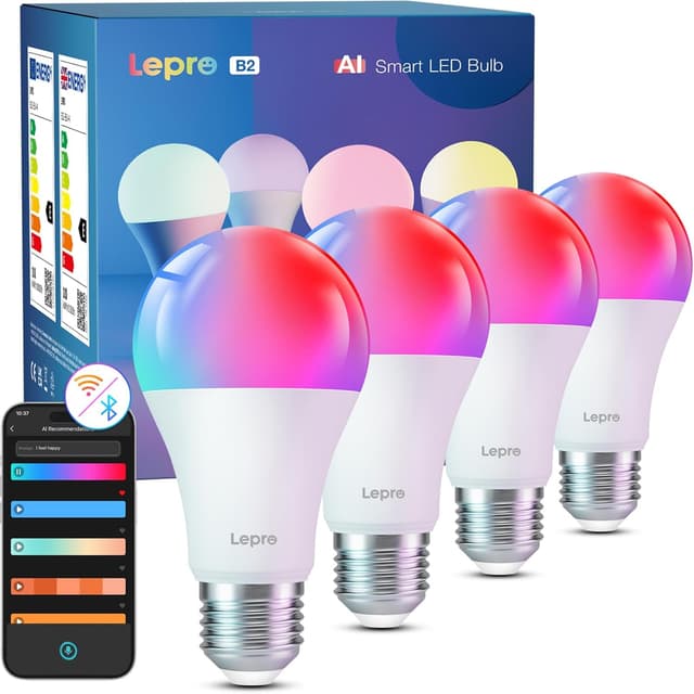 Detalle de Lepro AI Smart Glühbirne B2 (E27, 10 W, 1.100 lm) – dimmbar, WiFi & Bluetooth, Sprach- und Musiksteuerung, 4er-Set
