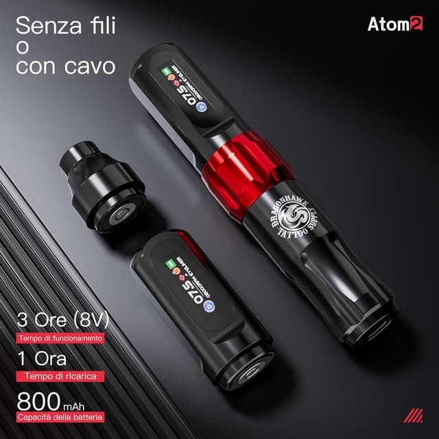 Detalle 2 de Dragonhawk Atom2 Wireless Tattoo Machine penna per tatuaggi con display e modalità