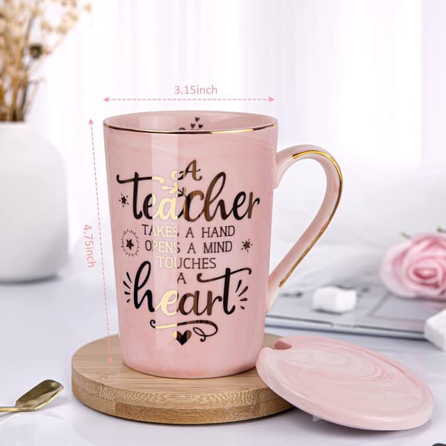 Detalle de Pink Marble 14 oz Teacher Appreciation Mug Gift Set for Women (Includes Lid, Spoon & Card)