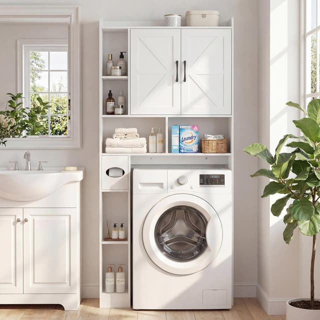 Thumbnail 6 de BonVache Waschmaschinenschrank mit 2 Türen und Seitenfach – weiß, mit verstellbaren Ablagen