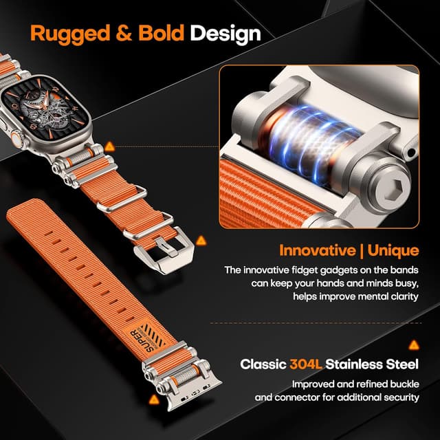 Detalle 1 de TAURI Rugged Braided Nylon Watch Strap for Apple Watch Ultra 3/Ultra 2 (49mm) & Series 10 (46mm) – Adjustable Orange