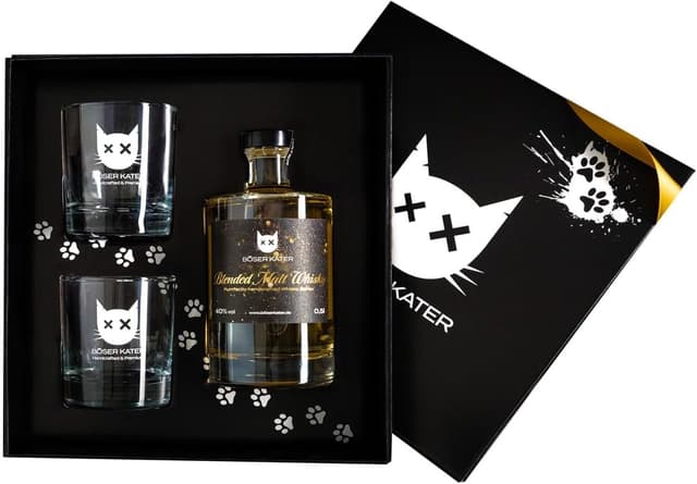 Detalle de BÖSER KATER Blended Malt Whisky Geschenkset mit 2 Gläsern (0,5 l, 40 % Vol.)