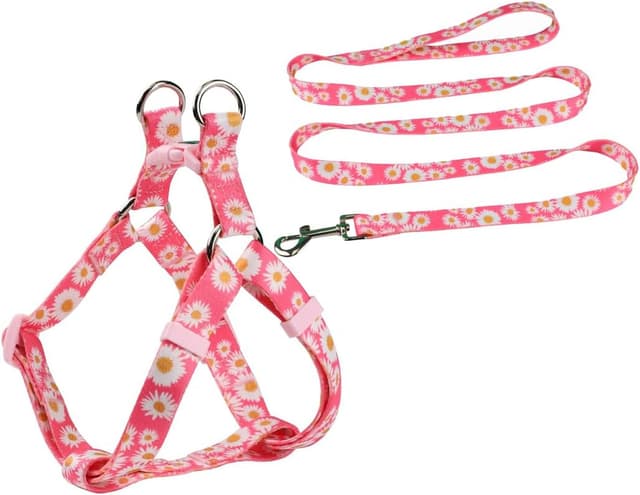 Detalle de Olahibi Harness and Leash Set (Floral Pattern) with 150CM Matching Leash – Medium Pink Daisy