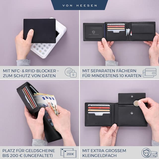 Detalle 2 de VON HEESEN Leder Geldbörse RFID Schutz schwarz