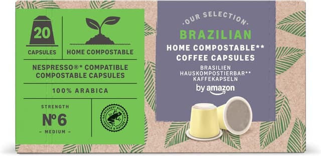 Detalle de by Amazon Home Capsule di Caffè Compostabili compatibili con Nespresso, 100% Arabica Brasiliana, 20 pezzi