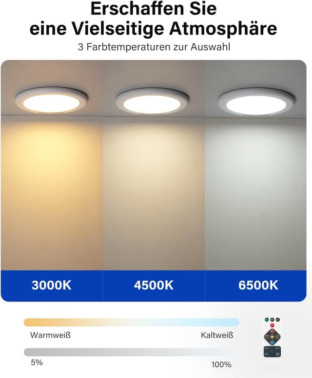 Detalle 2 de Leselux Deckenlampe mit Bewegungsmelder innen, LED Akku-Leuchte (kabellos), 3 Farbtemperaturen & Fernbedienung – 2er-Set
