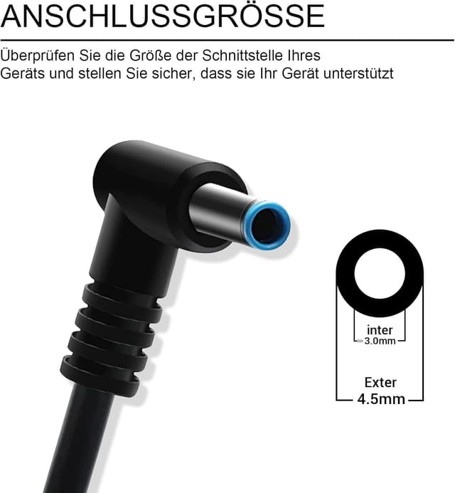 Detalle de 65W Laptop-Ladekabel Netzteil für HP (19,5V 3,33A, 4,5 x 3,0 mm) – passend zu ausgewählten Pavilion x360, ProBook, Envy & mehr