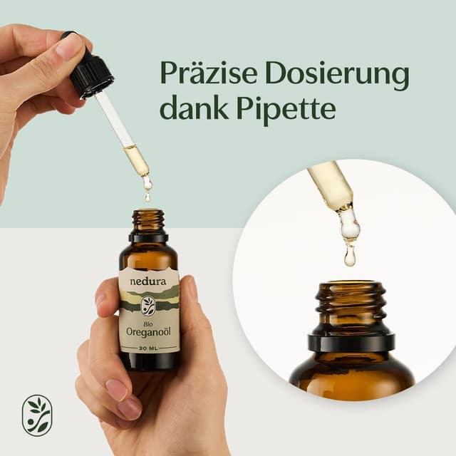 Detalle de nedura® BIO Oregano Öl (100% Naturreines Oreganoöl) +82% Carvacrol, Lebensmittelqualität, 30 ml
