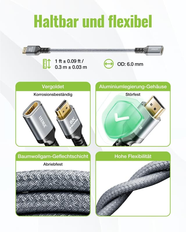 Thumbnail 6 de LEENUE HDMI 2.1 Verlängerungskabel 1 m (8K@60Hz, 4K@120Hz, 48 Gbps) mit Stecker-auf-Buchse
