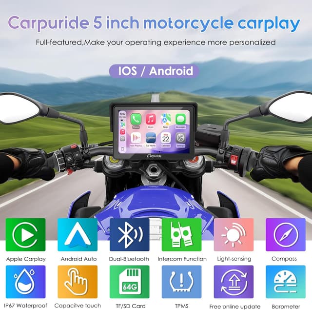 Detalle de Carpuride W502T Pro motorcycle CarPlay screen with TPMS, Dual Bluetooth & Waterproof GPS display