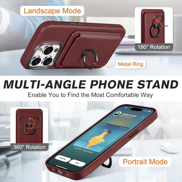 Detalle de SHIELDON Hülle für iPhone 15 Pro (6,1") mit Kartenhalter aus Echtleder – 2-in-1 mit Ring und kabellosem Laden, Weinrot