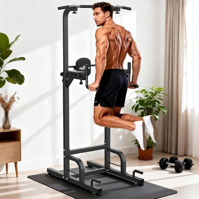 Detalle de RELIFE REBUILD YOUR LIFE Power Tower Klimmzüge & Dips – höhenverstellbare Multifunktions-Kraftstation (Grau) bis 180 kg