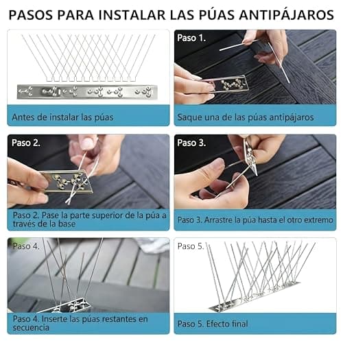 Detalle de KOKMEYA Pinchos antipalomas de acero inoxidable 304 (1 m, 4 piezas de 25 cm) con tornillos y bridas para balcón, canalón y tejado