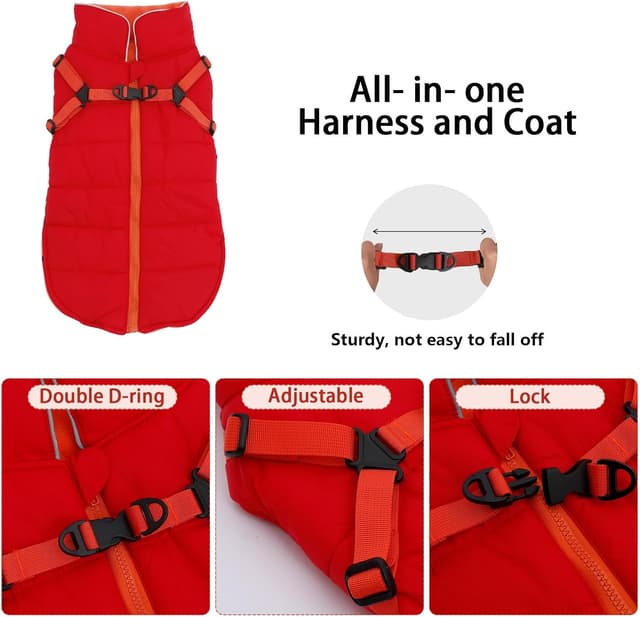 Detalle de babepet Waterproof Dog Coat with Harness (fleece-lined winter jacket) – Red – size S