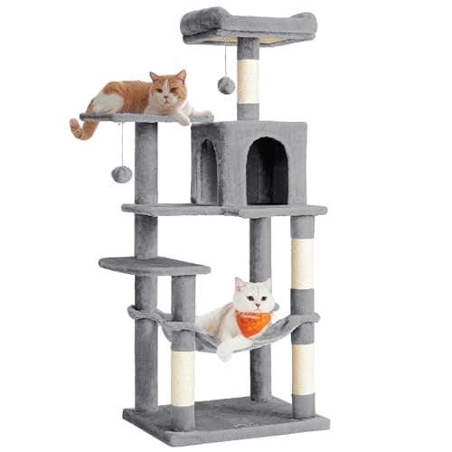 Detalle de Feandrea árbol para gatos PCT161W01, torre multinivel de 143 cm con 2 plataformas, cueva y hamaca (gris claro)