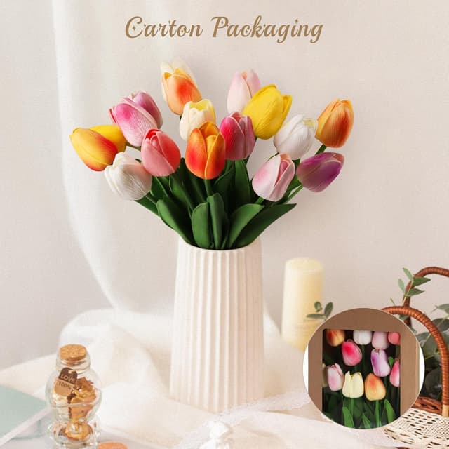 Detalle 2 de DBBCMEW Artificial Tulips (18pcs) – Multicolour faux tulip stems for wedding, DIY and home décor (NO vase)