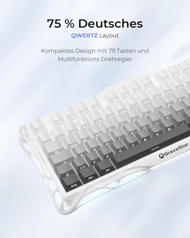 Detalle 2 de GravaStar Mercury K1 75% mechanische Gaming-Tastatur (QWERTZ, DE) – Tri-Mode, Hot-Swap, Magnesium-Exoskelett, RGB-Gradient