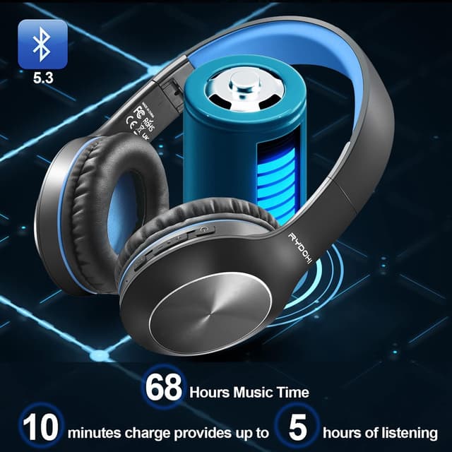 Detalle de Rydohi Bluetooth Over-Ear Headphones (68H playtime, Bluetooth 5.3, mic) – black/blue