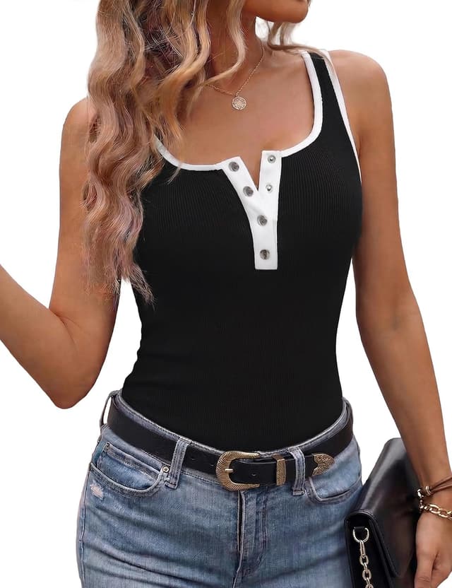 Detalle de Aottori débardeur femme sans manches en viscose côtelée à col carré et boutons