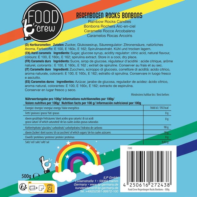 Detalle 2 de FOOD crew Regenbogen Rocks Bonbons (500 g) – vegane Regenbogen-Süßigkeiten für Candybar & Deko