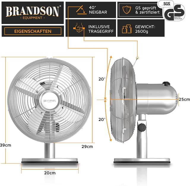 Detalle de Brandson Tischventilator Design Retro (Voll-Metall) mit 3 Geschwindigkeitsstufen, 80° Oszillation & ca. 40° Neigungswinkel