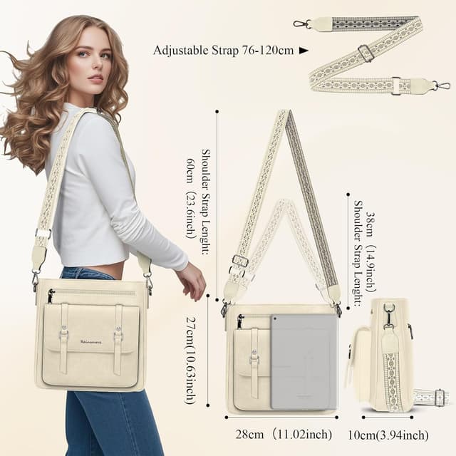 Detalle 2 de RAINSMORE Umhängetasche Damen (mittelgroß) Aprikose – Crossbody-Handtasche mit breitem Schultergurt