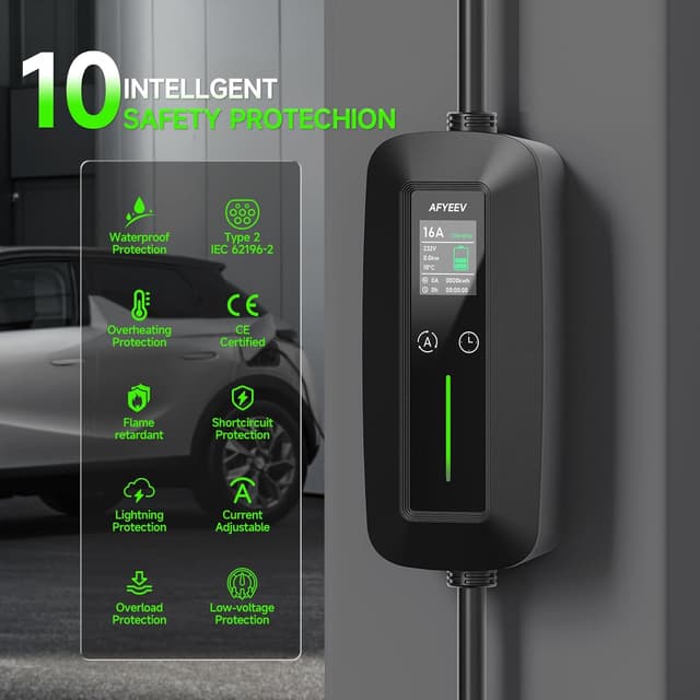 Detalle 2 de AFYEEV EV-Ladegerät Typ 2 (10 m, 3,68 kW, einphasig 6–16 A) – tragbares Laden ohne Installation